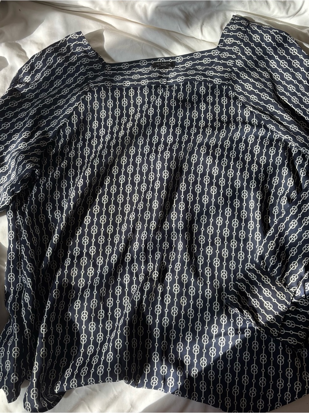 Ann Taylor Navy and White Chain-Link Button-Down Shirt